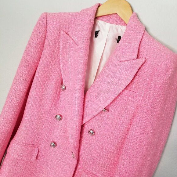 Zara Pink Tweed Textured Double Breasted Blazer Jacket Size S 7553/687 Barbie - Picture 9 of 16